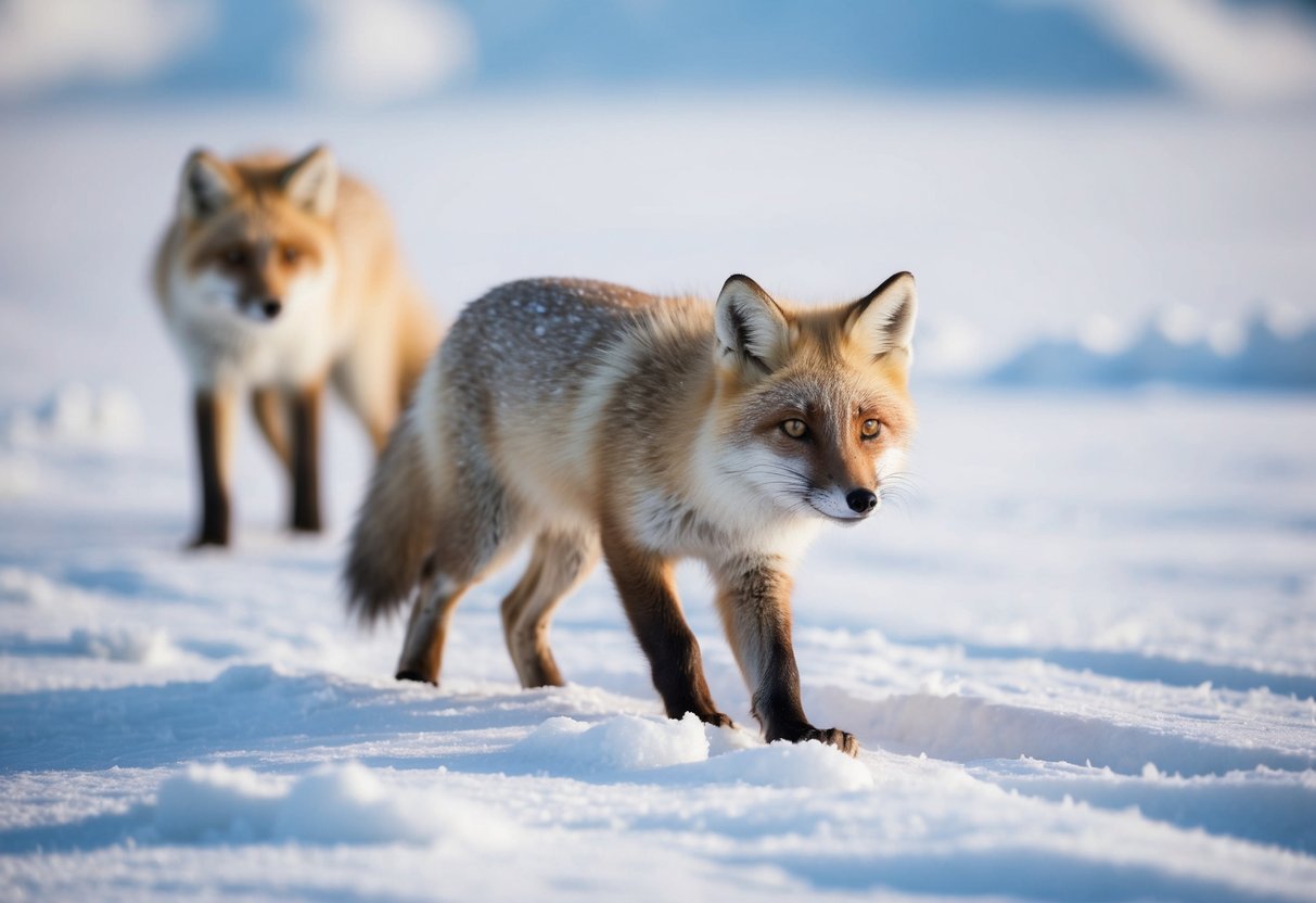 An adolescent arctic fox ventures out from its den, exploring the snowy tundra, while its mother watches from a distance, ready to protect and guide