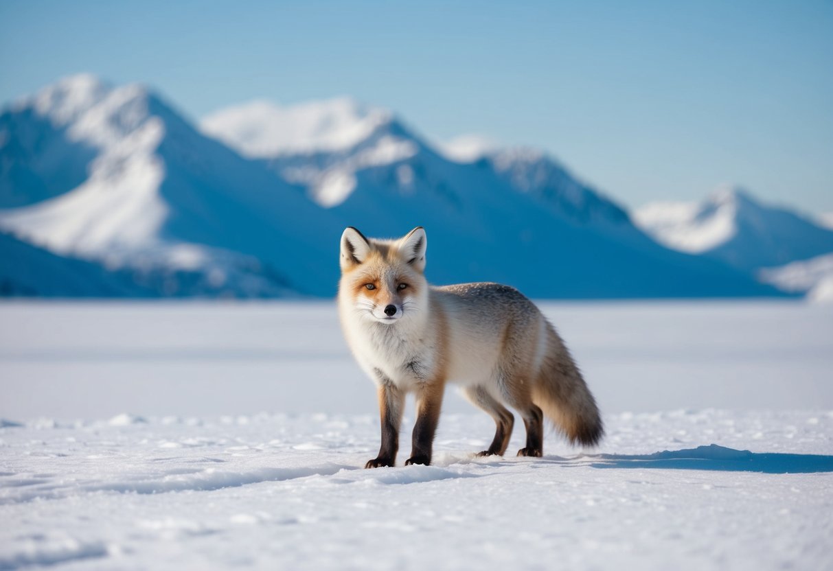 An arctic fox in a snowy landscape, with a backdrop of icy mountains and a clear blue sky