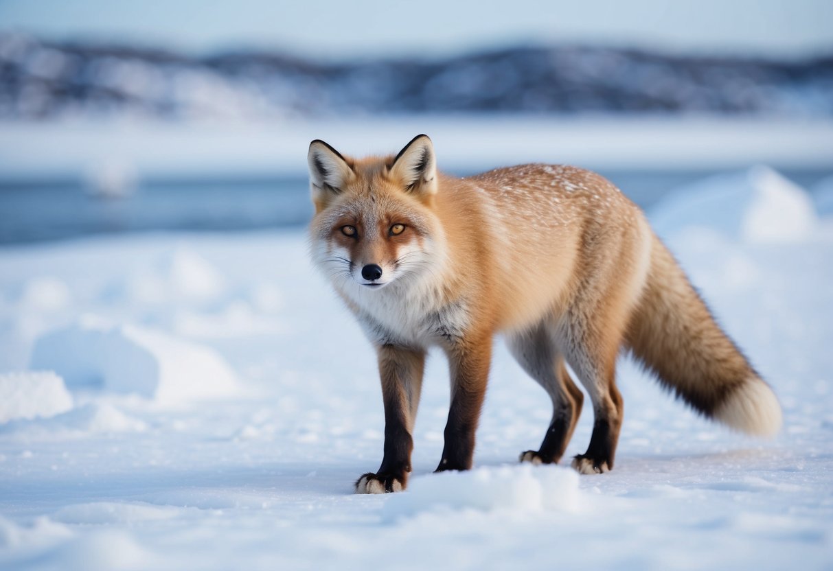 An arctic fox in its natural habitat, surrounded by snowy landscapes and ice-covered tundra