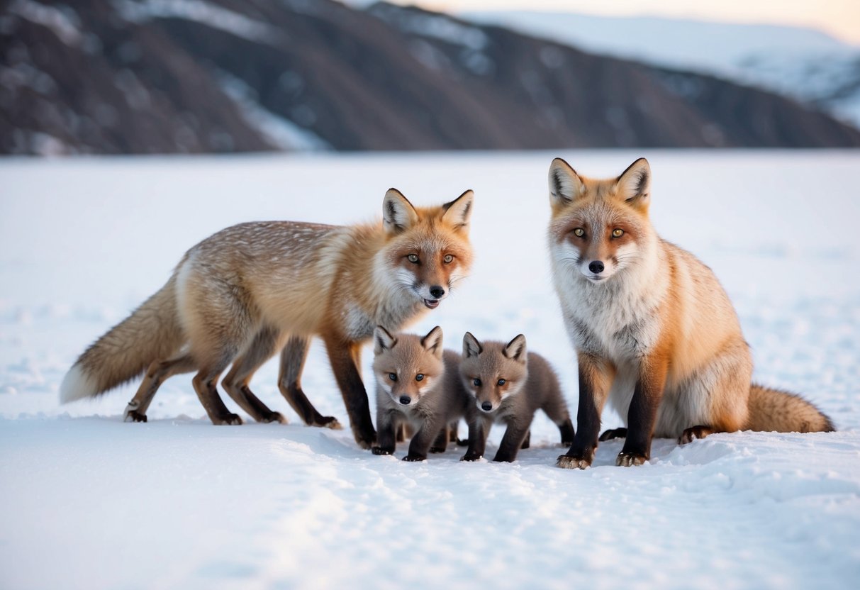 An arctic fox family emerges from their den in the snowy tundra of Norway, with the mother and pups playing while the father hunts for food