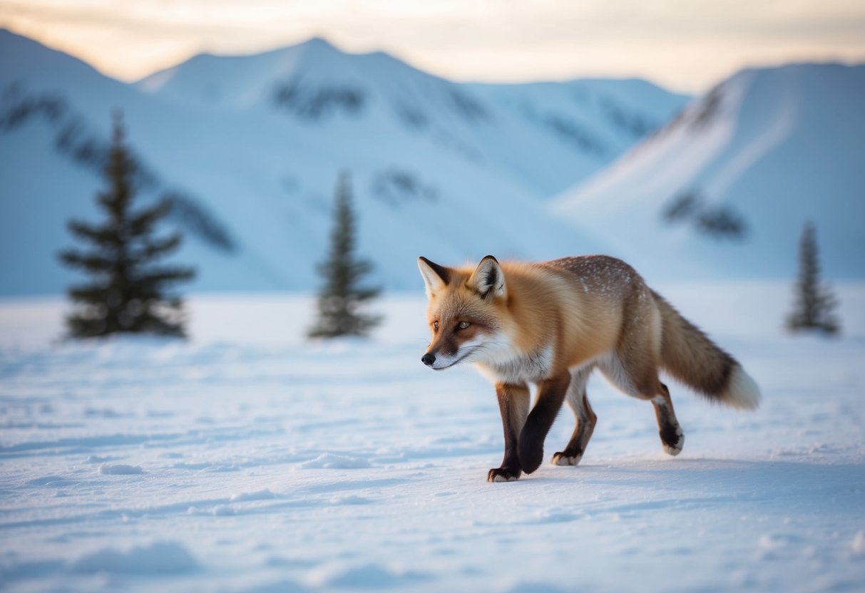 An arctic fox roaming across a snowy landscape, with icy mountains in the background and a few scattered pine trees