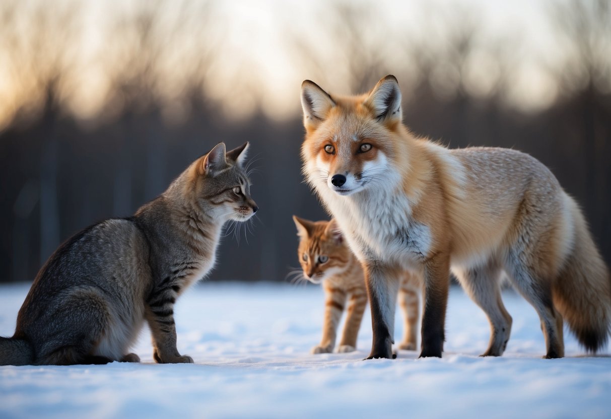 An arctic fox stands between a dog and a cat, looking at both with curiosity