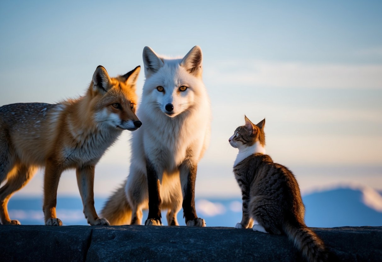 An arctic fox stands between a dog and a cat, observing their behavior and physical features