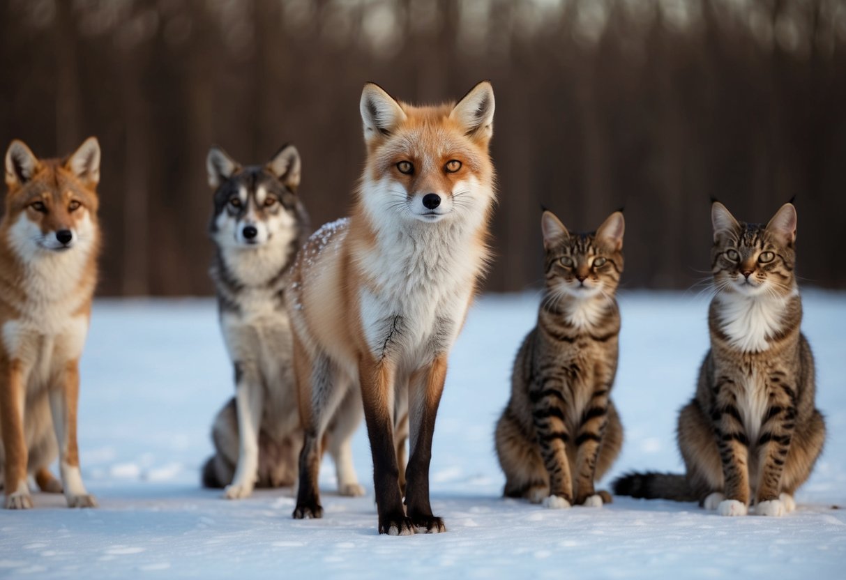 An arctic fox stands between a group of dogs and a group of cats, looking forlorn and unsure of where it belongs in human society