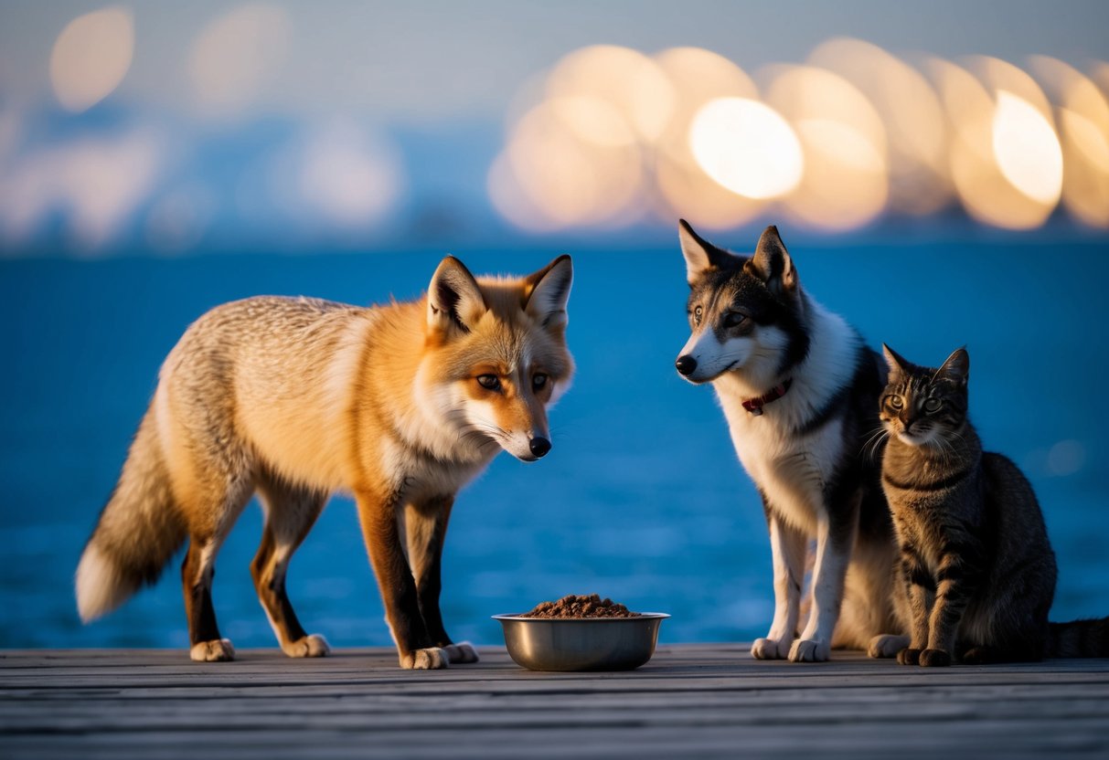 An arctic fox and a dog stand side by side, both looking curiously at a bowl of food. A cat sits nearby, observing the scene with a skeptical expression
