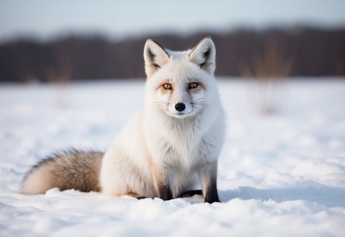 An arctic fox sits in a snowy landscape, its white fur blending with the surroundings. It looks alert, with its pointed ears perked up and its bushy tail curled around its body
