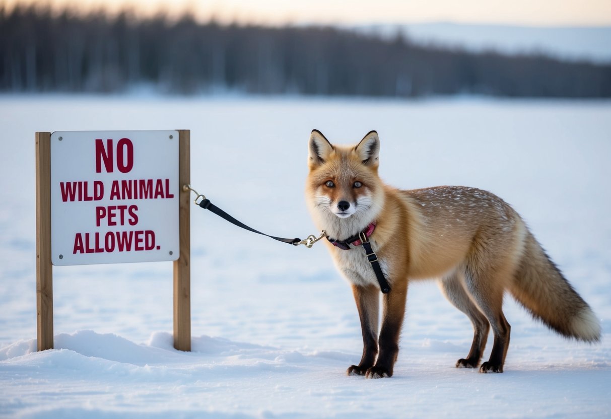An arctic fox in a snowy landscape, with a collar and leash, standing next to a sign that reads "No Wild Animal Pets Allowed."