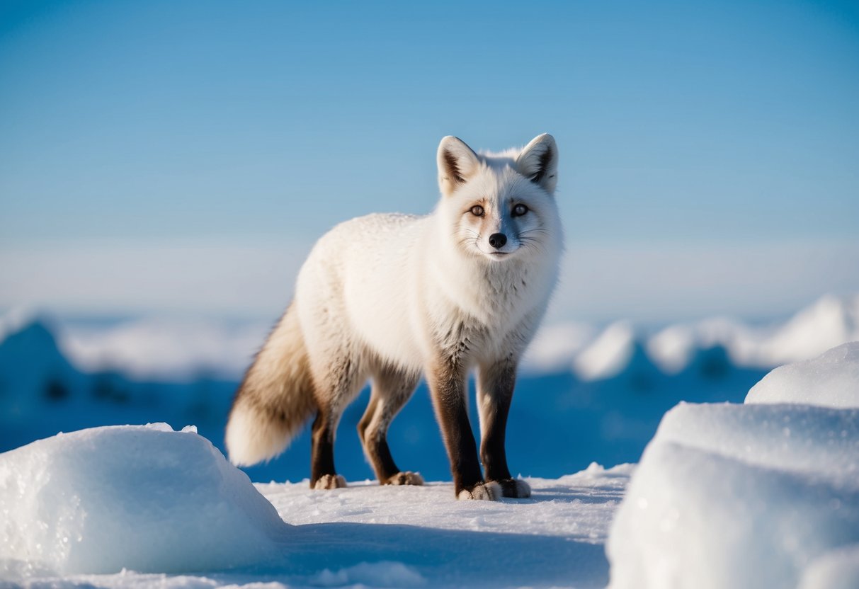 An arctic fox stands in a snowy landscape, surrounded by icy rocks and a clear blue sky. Its thick white fur and bushy tail are on display as it looks alert and curious