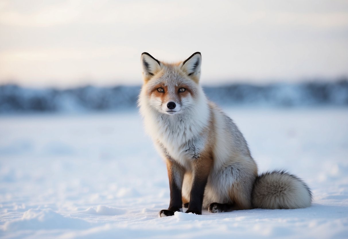 An arctic fox sits in a snowy landscape, its fur blending with the white surroundings. It looks alert and curious, with its bushy tail curled around its body