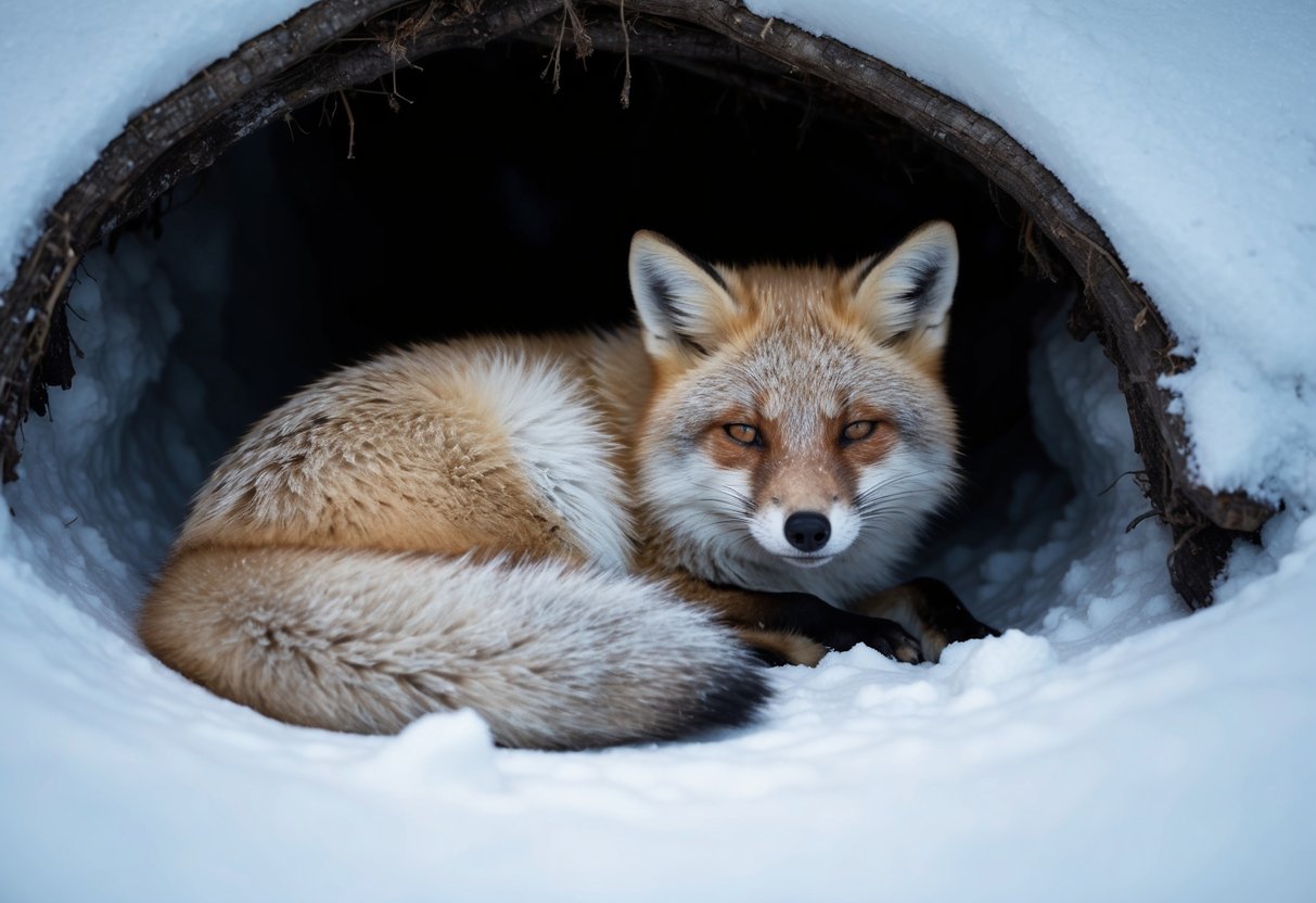 An arctic fox mother curled up in a snow-covered den, patiently waiting for her 52-day pregnancy to come to an end