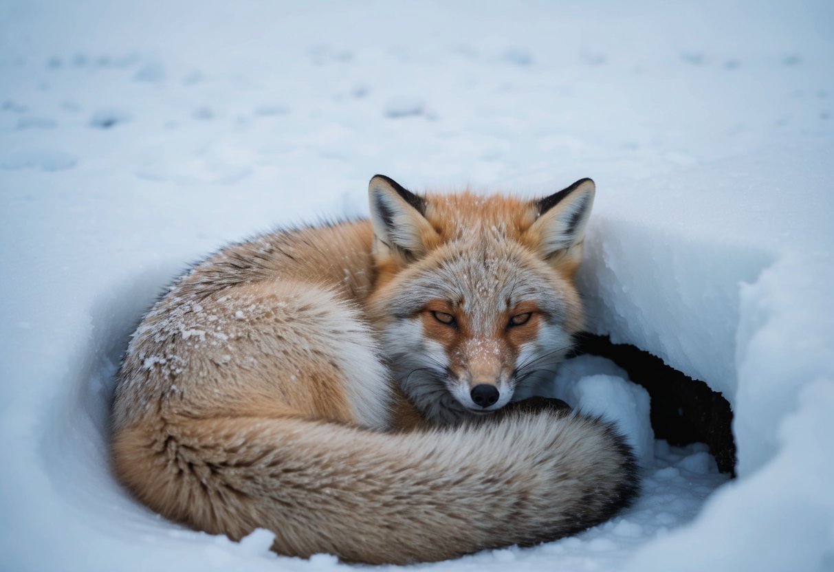 An arctic fox mother curled up in her den, surrounded by snow and ice, patiently waiting through a 52-day pregnancy