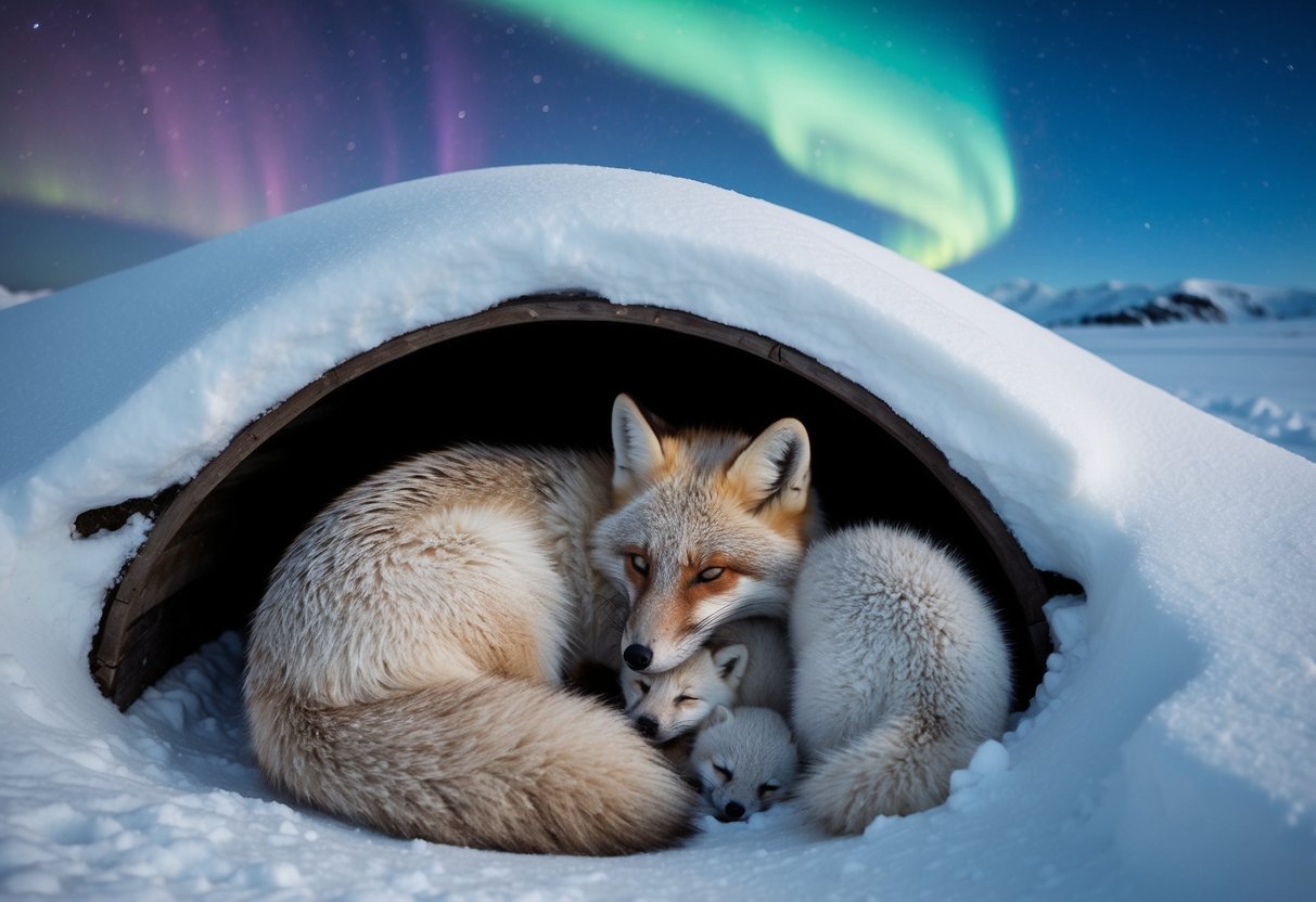 An arctic fox mother curled up in a snow-covered den, her belly swollen with pups. Outside, the northern lights dance across the sky as she prepares to give birth