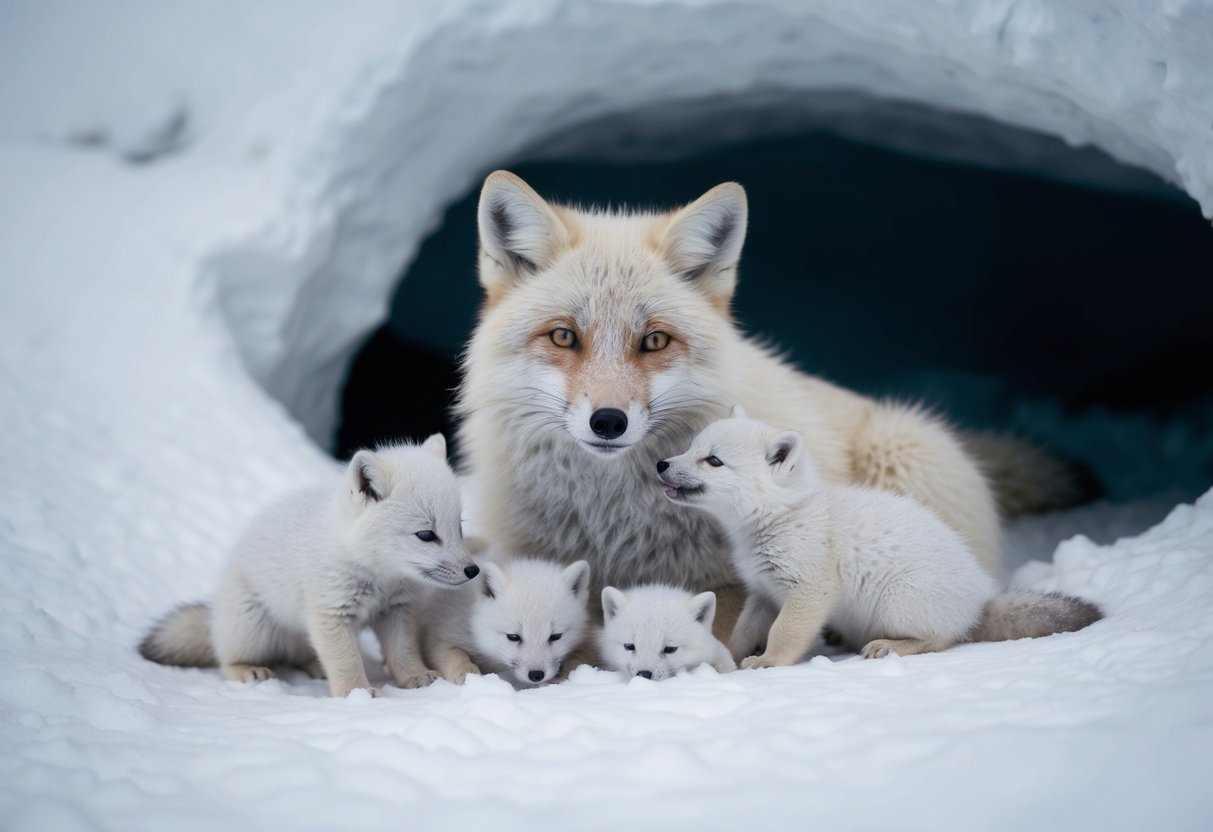 An adult arctic fox rests in a snowy den, surrounded by her newborn kits. The kits are growing rapidly, their white fur beginning to thicken as they nurse from their mother