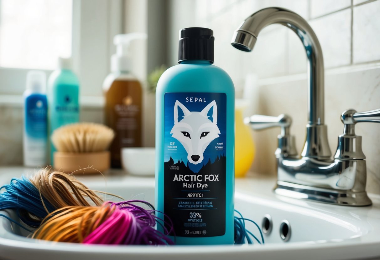 A bottle of Arctic Fox hair dye sits open on a bathroom counter, with strands of colored hair tangled in the sink