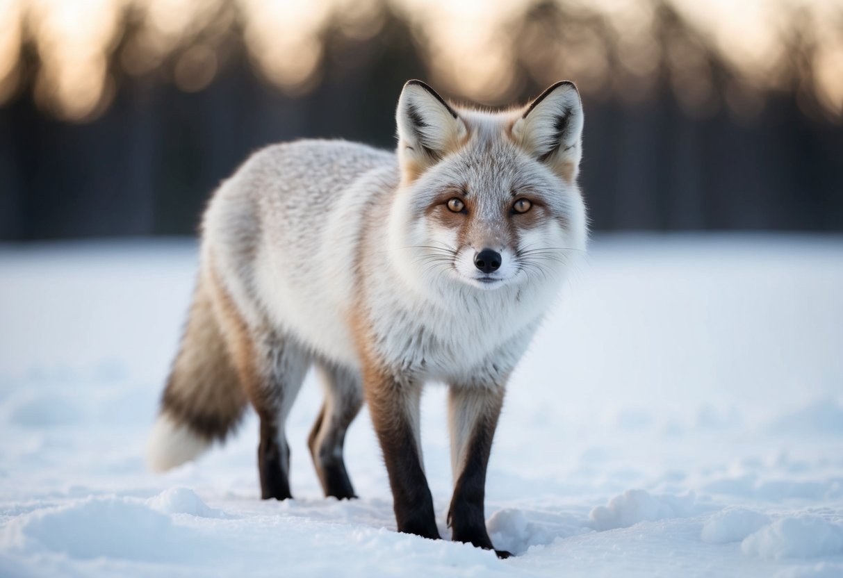 An arctic fox standing in the snow, with a close-up of its face showing its distinctive features