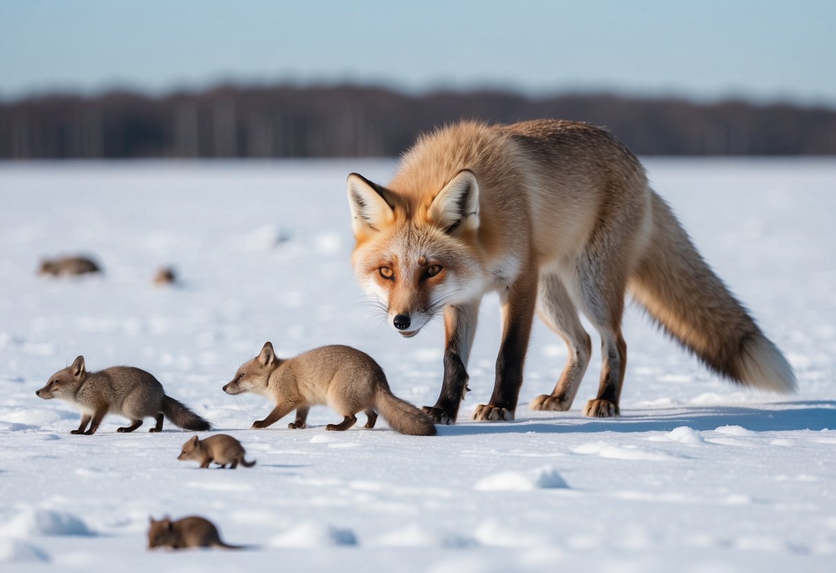 An arctic fox scavenging for lemmings and other small mammals in the snow-covered tundra