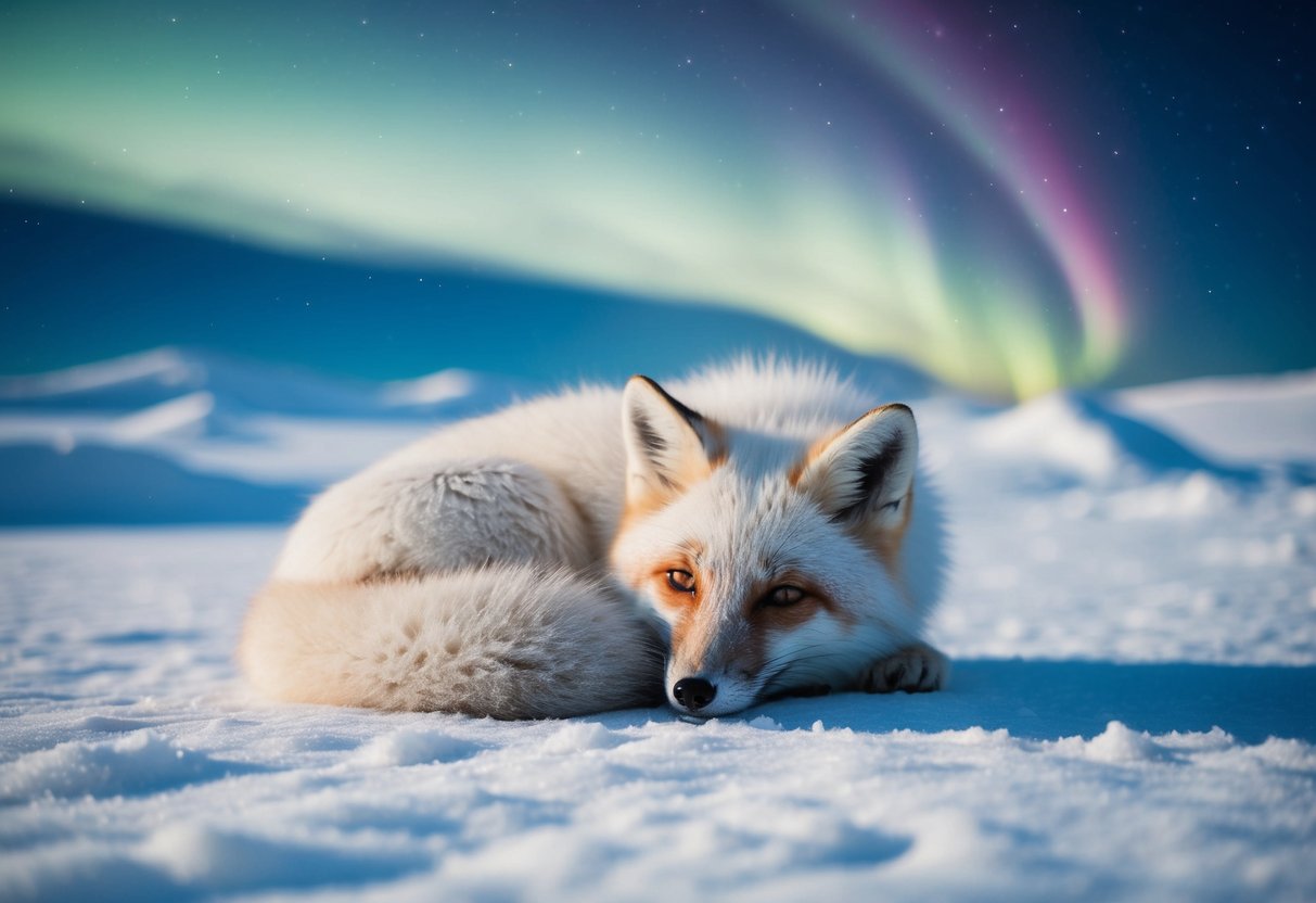 An arctic fox curled up in a snowy landscape under the glow of the northern lights