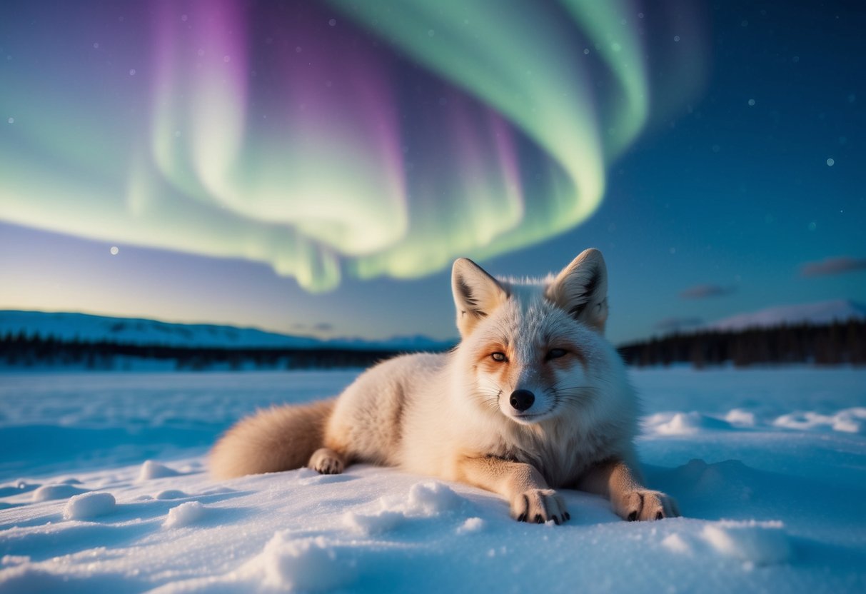 An arctic fox rests peacefully on a bed of snow under the soft glow of the northern lights, surrounded by a tranquil winter landscape