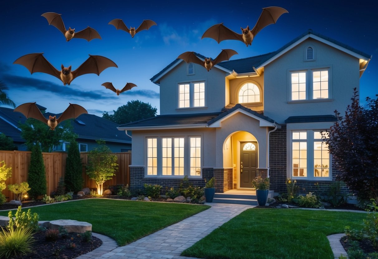 Bats flying around a well-lit house at night, with a diverse garden and no visible signs of damage or disturbance