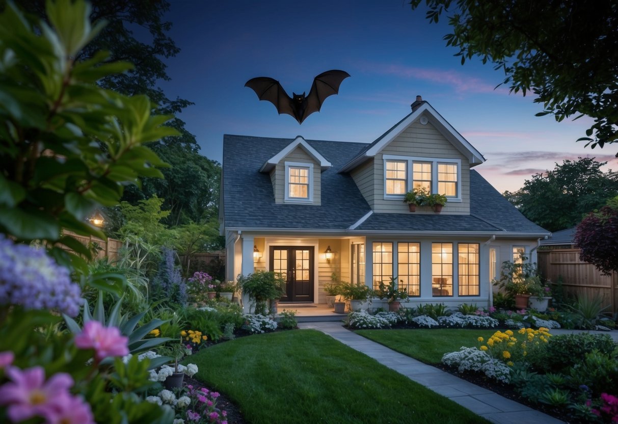 A cozy house with a lush garden, a bat flying overhead at dusk, surrounded by blooming flowers and a variety of plants