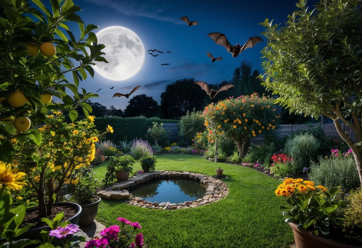 A moonlit garden with a variety of flowers, fruit trees, and a small pond. Bats are swooping down to feed on insects attracted to the plants