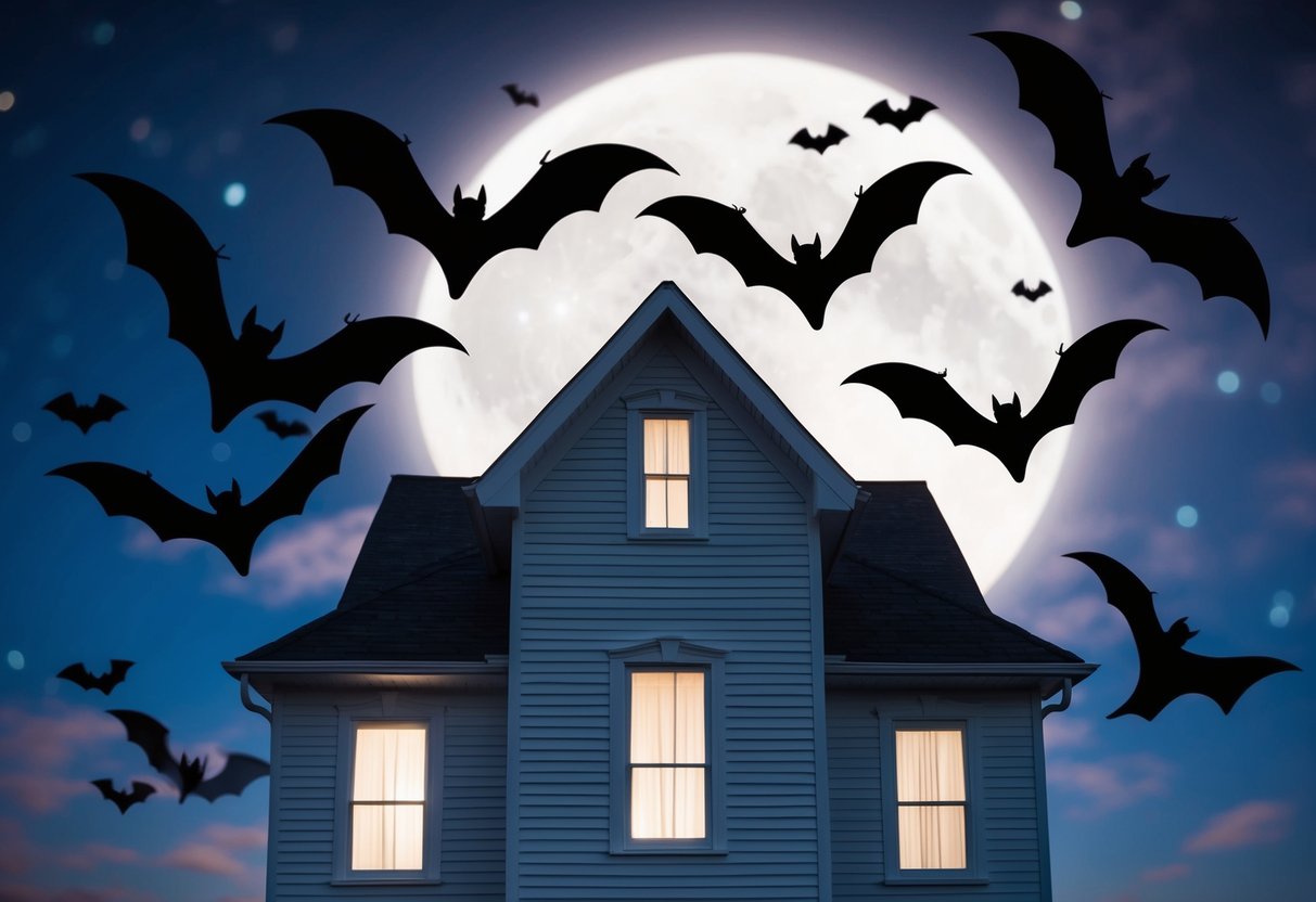 Bats circle a moonlit house, their silhouettes dancing against the night sky