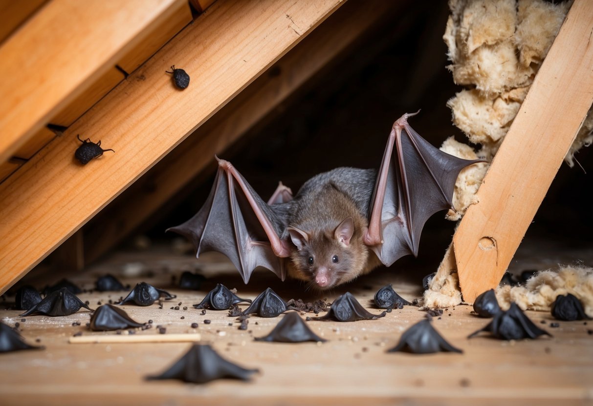 A bat infestation in an attic, with scattered droppings, torn insulation, and visible entry points