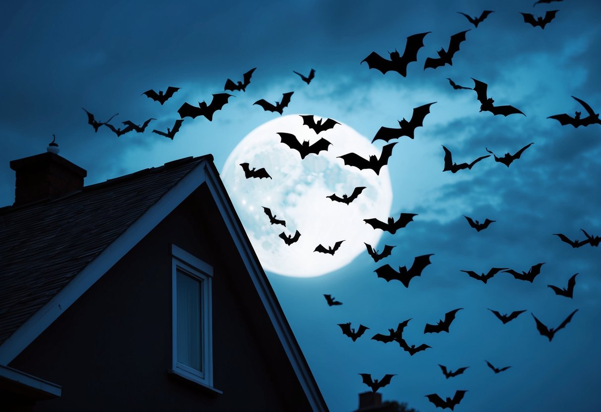 Bats swarm around a darkened house, their silhouettes stark against the moonlit sky