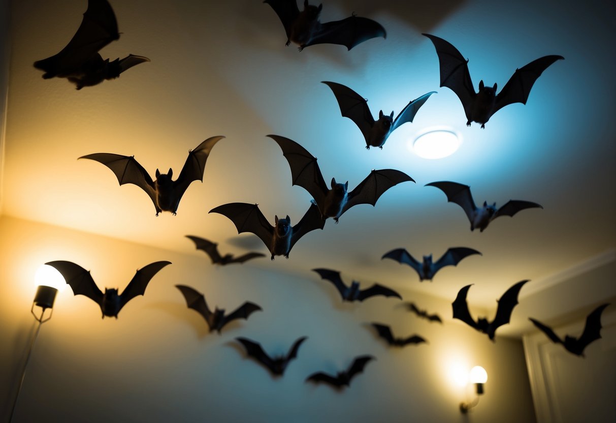 A dimly lit room with a group of bats flying around, avoiding the areas with bright lights