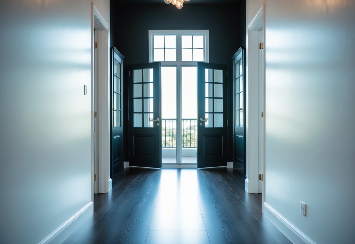 A brightly lit room with open windows and doors, surrounded by dark, uninviting spaces