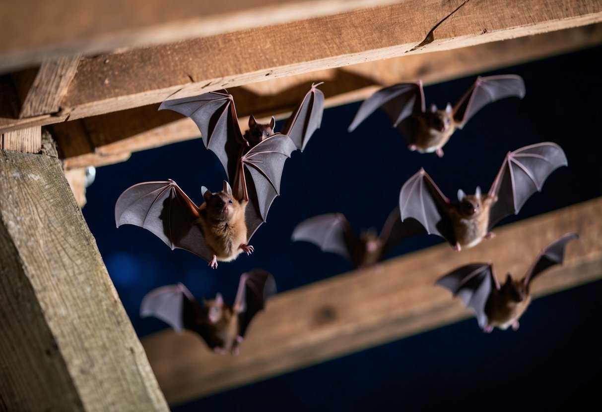A bat colony emerges from a dark attic, flying out into the night