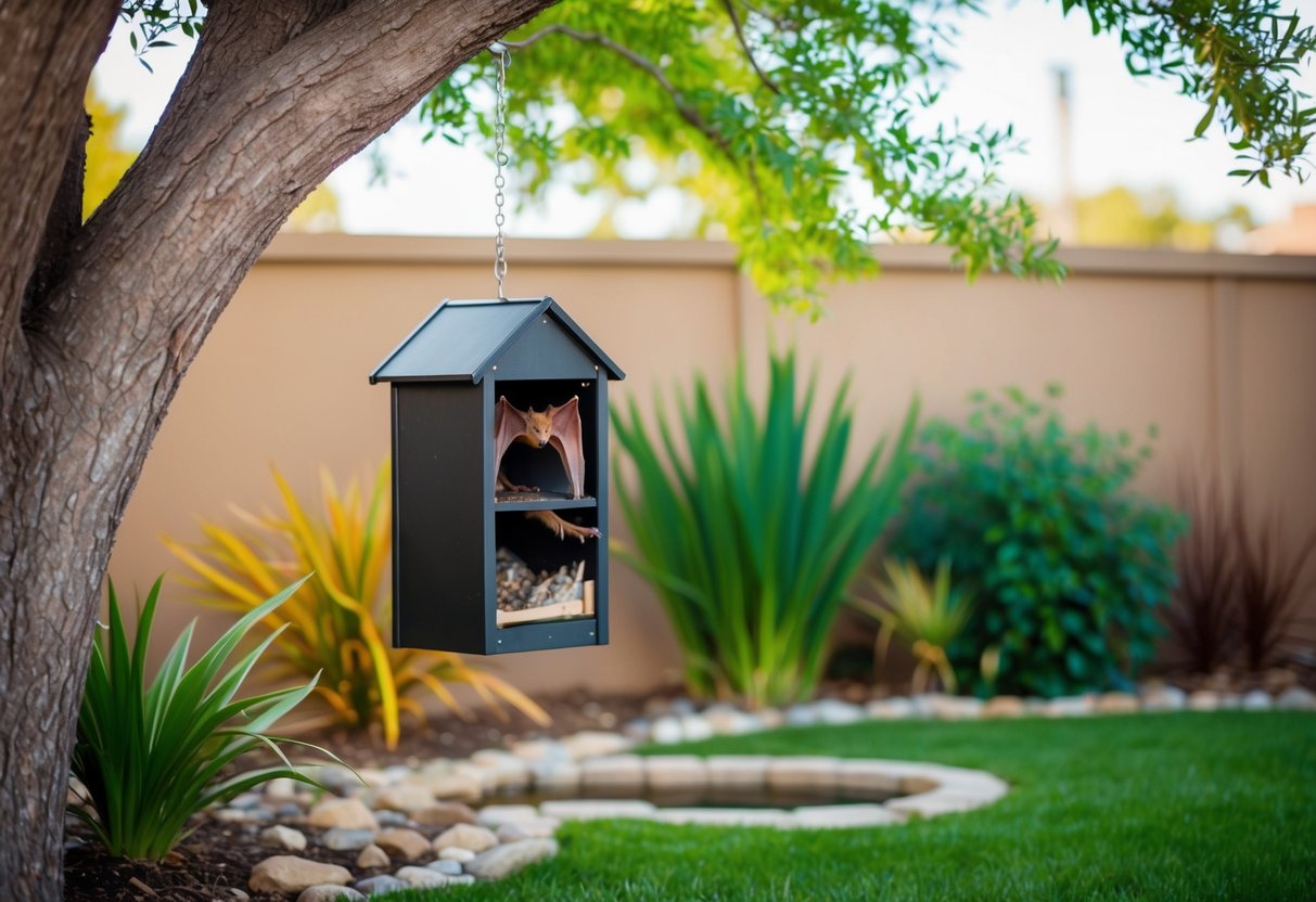 A backyard with a bat house hanging from a tree, surrounded by native plants and a small water feature