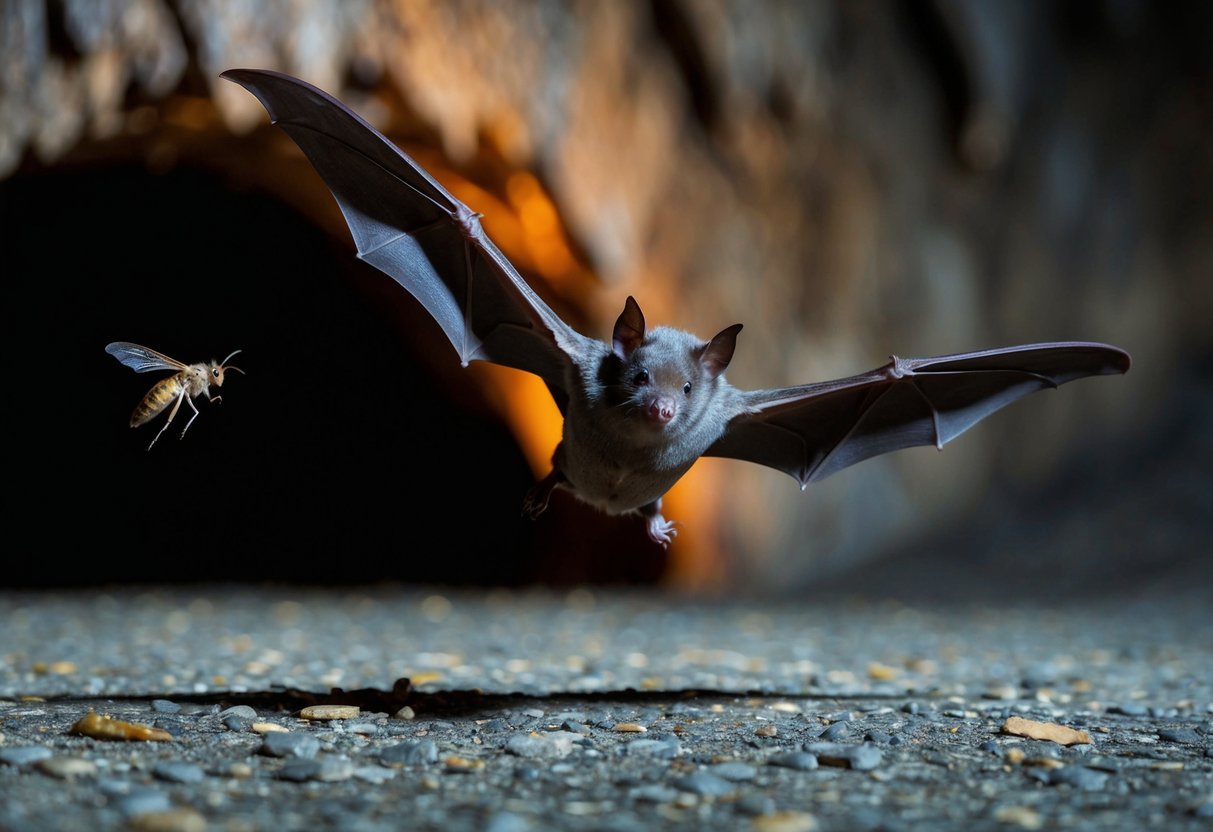 A bat swoops low, its wings outstretched, as it navigates through a dimly lit cave, aiming for an insect buzzing near the entrance