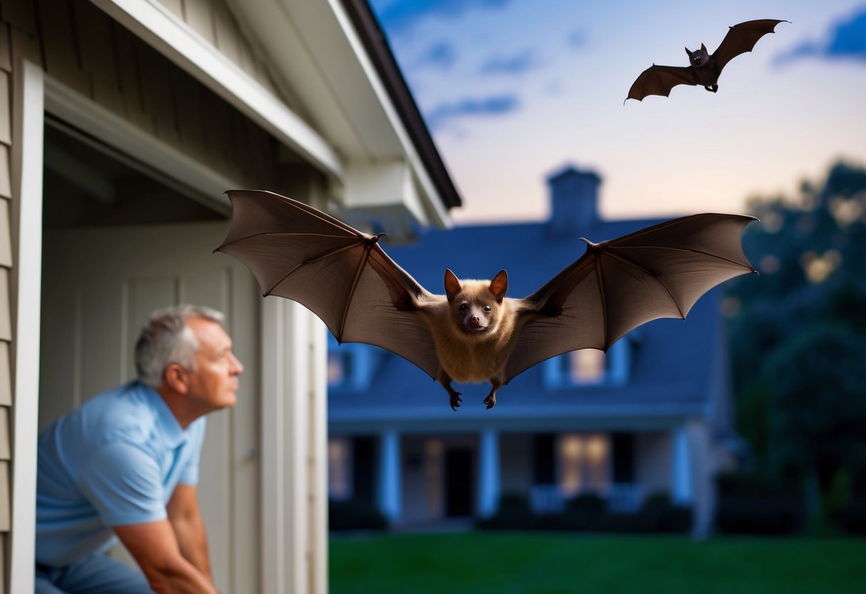 A bat flying out of an attic at dusk, with a concerned homeowner looking up from below