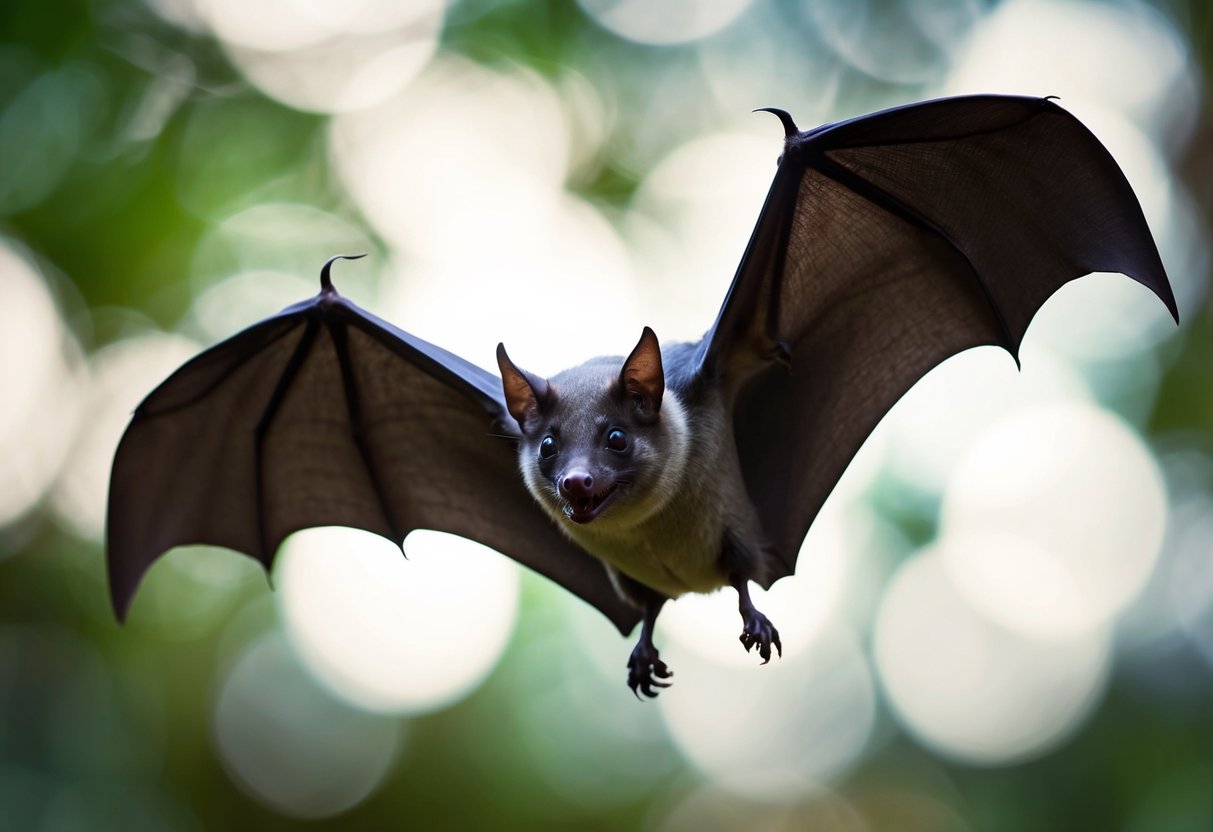 A bat swoops close to the camera, wings outstretched, appearing to fly directly at the viewer's head