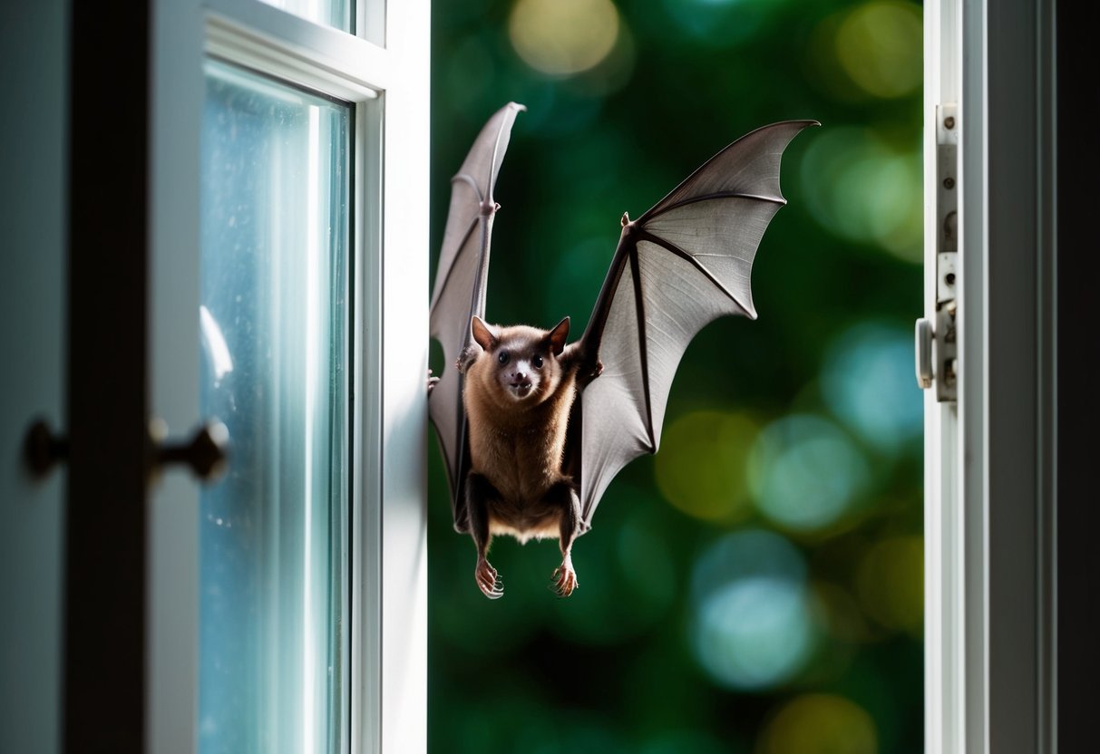 A bat flies out of an open window in a dimly lit room