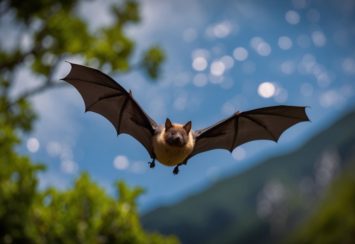 Bats fly and hunt for insects at night, roosting in caves or trees during the day