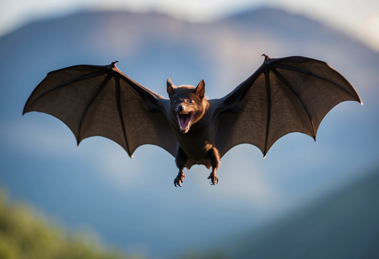 A bat swoops down with open wings, baring its sharp teeth in a defensive display