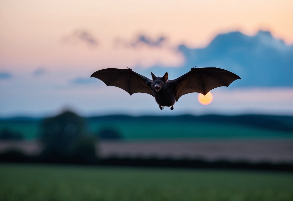 A bat flying at dusk over a rural UK landscape