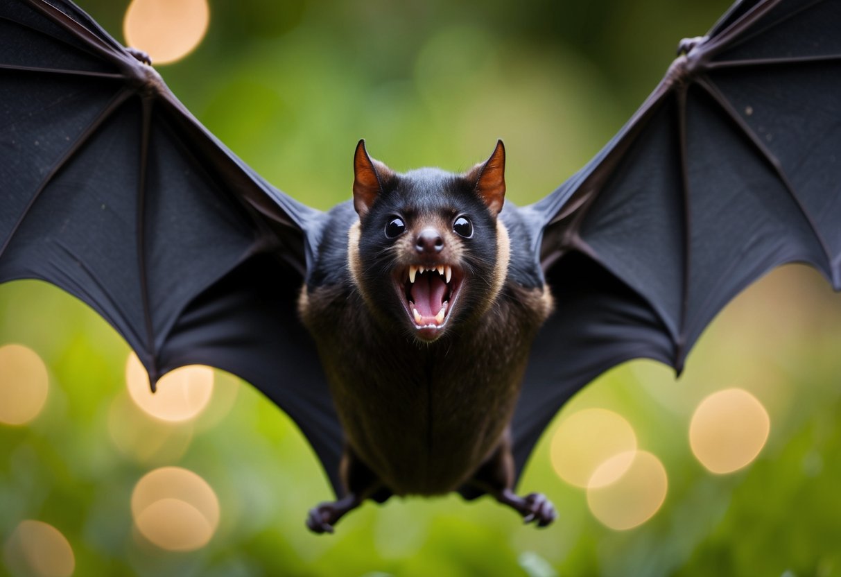 A bat aggressively defends its territory, baring its teeth and spreading its wings to appear larger