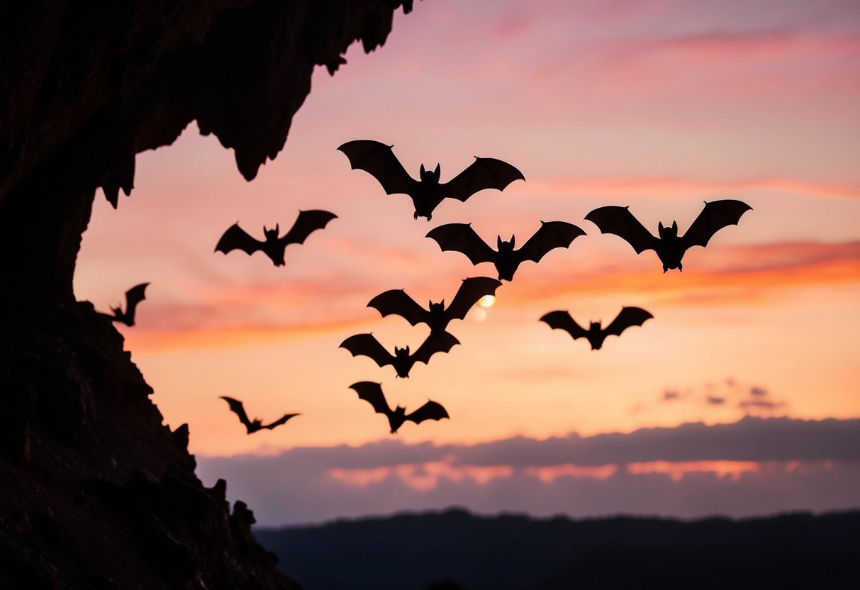 A group of bats flying out of a cave at dusk, silhouetted against the orange and pink sky