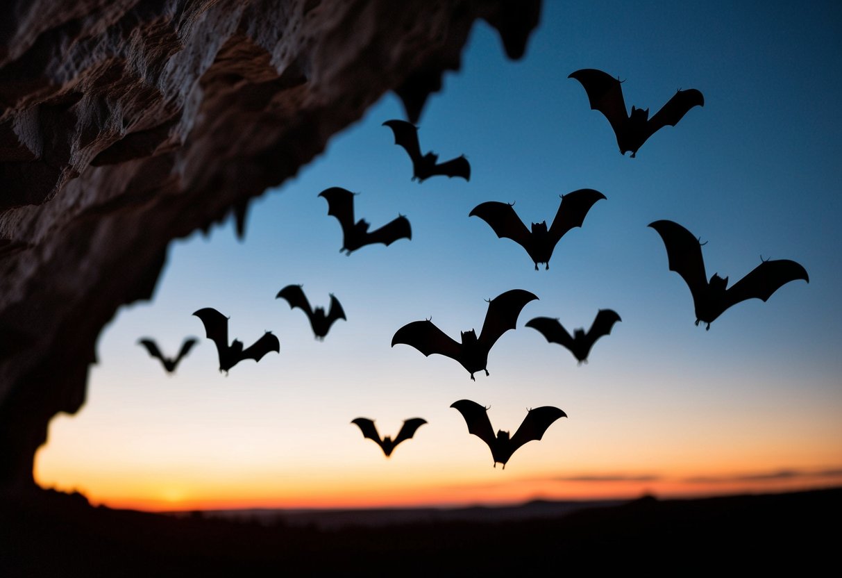 A group of bats flying out of a cave at dusk