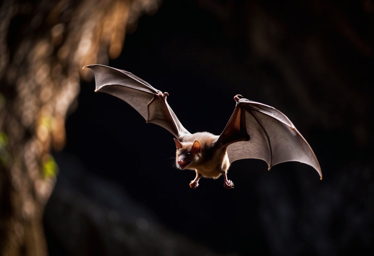 A bat flying through a dark cave, hunting for insects at night