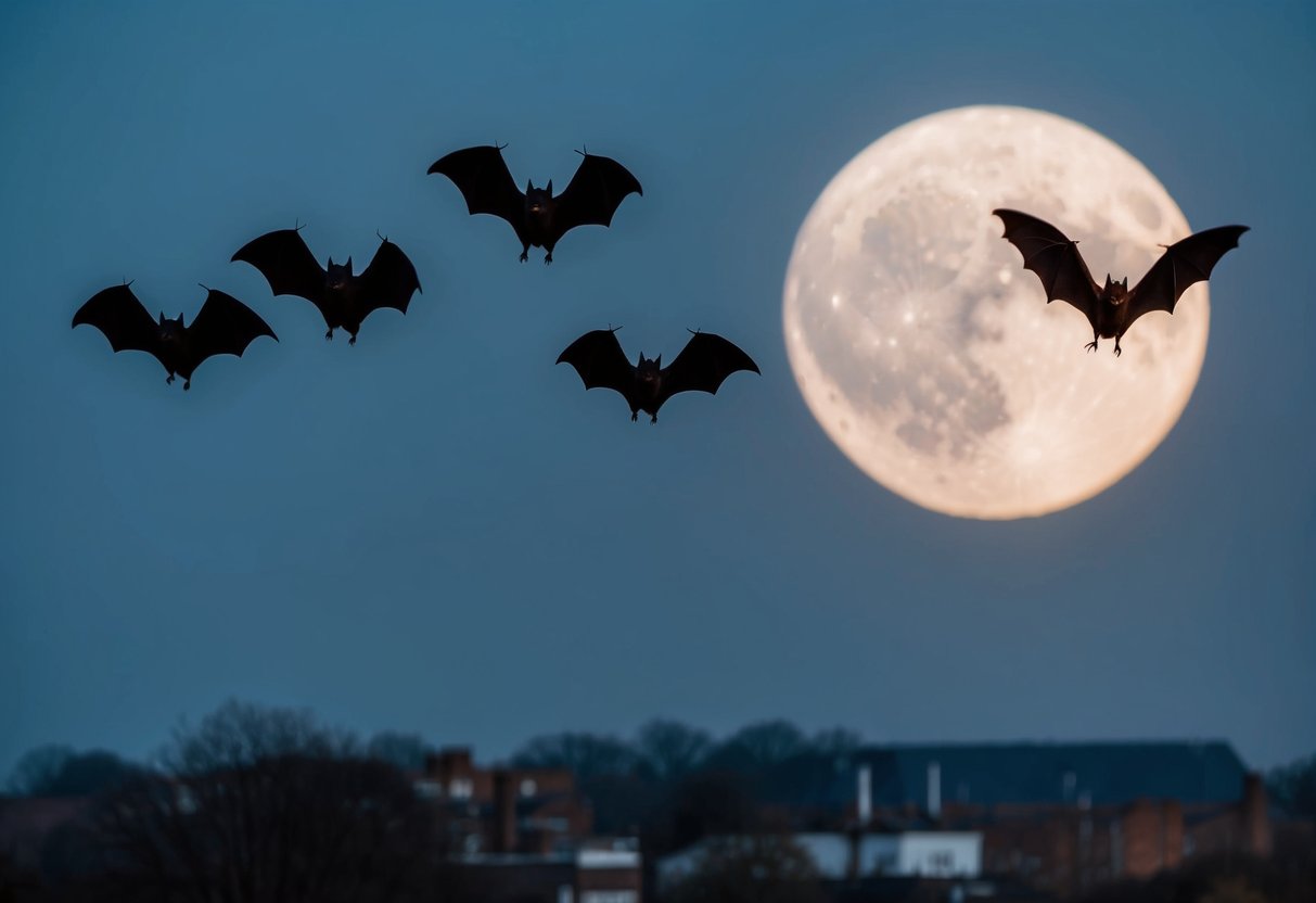 Bats flying over a moonlit UK landscape, with trees and buildings below