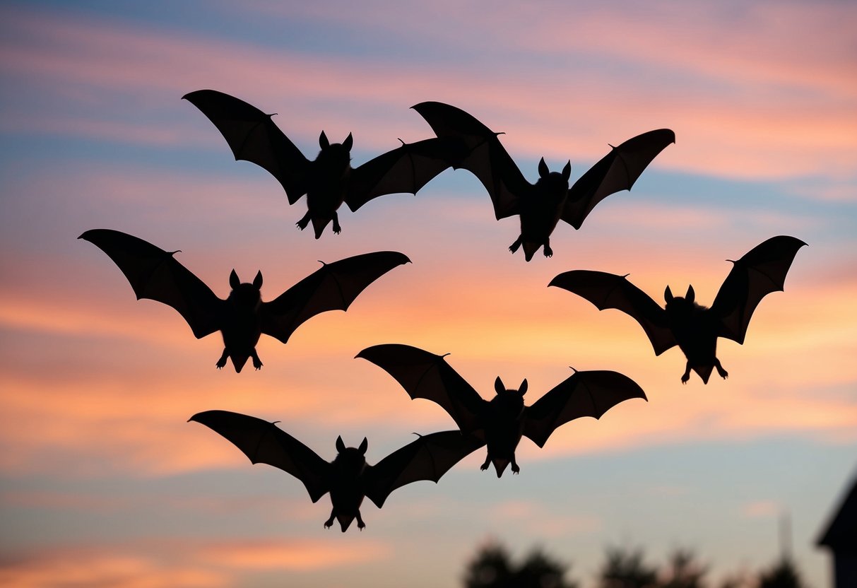 A group of UK bats flying at dusk, silhouetted against the orange and pink sky, with their distinctive pointed wings and fluttering movement