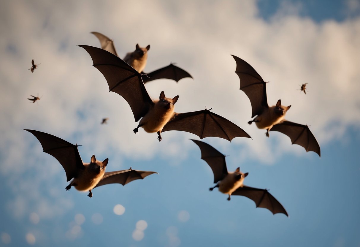 A group of UK bats in flight, with long, narrow wings and large ears, hunting for insects in the night sky