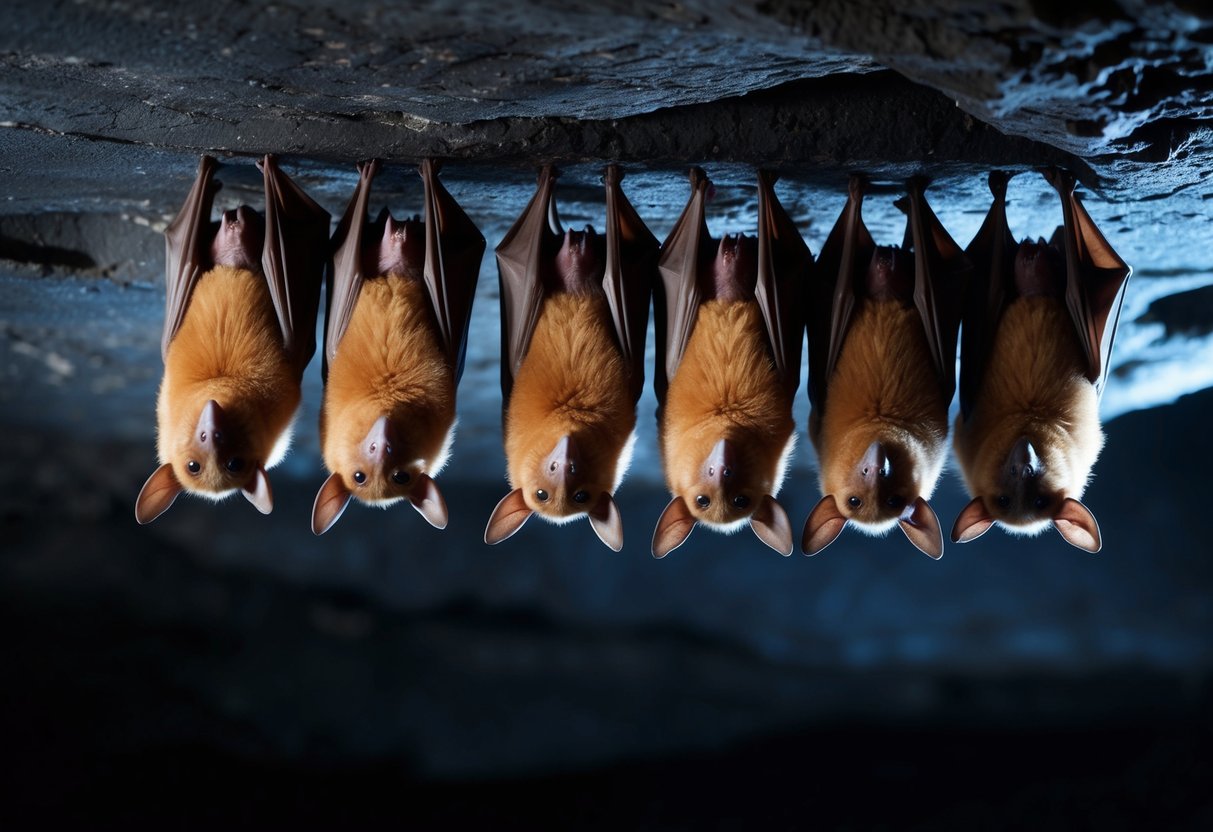 A group of UK bats roosting in a dark, damp cave, with their distinct brown fur and large ears visible as they hang upside down from the ceiling