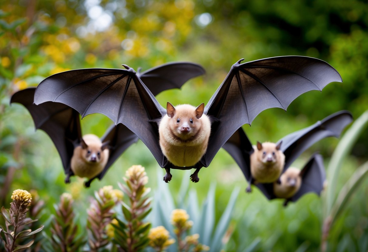 A group of UK bats in flight, with their distinctive large ears and wings spread out, surrounded by a variety of native plants and trees