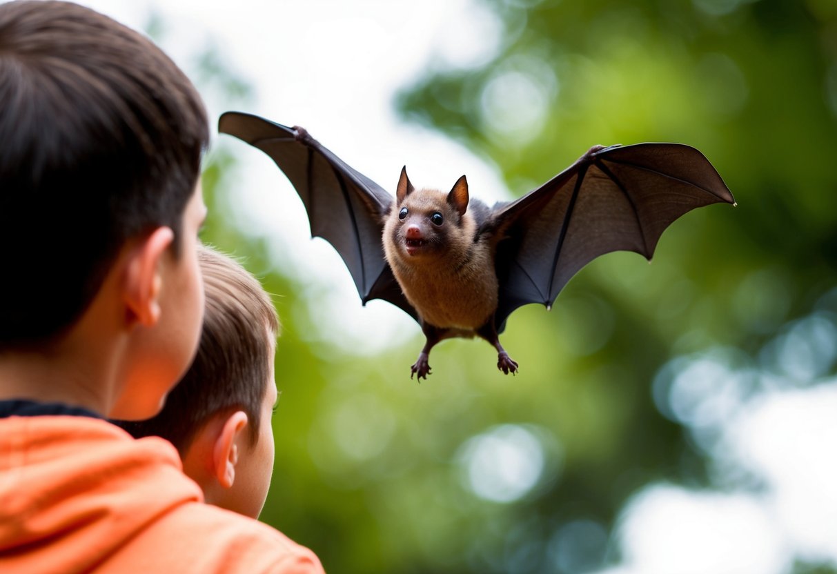 A bat in flight, with distinguishable features like size and shape, is observed closely by a curious onlooker