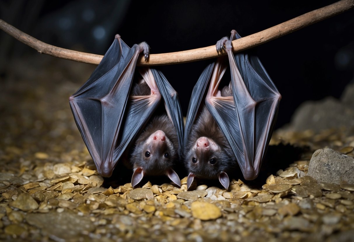A male and female bat roost together in a dark cave, their wings wrapped around each other as they rest upside down